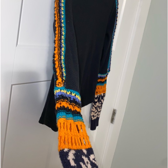 Free People black thermal with multicolor/multi pattern crocheted sleeves. - Picture 3 of 4